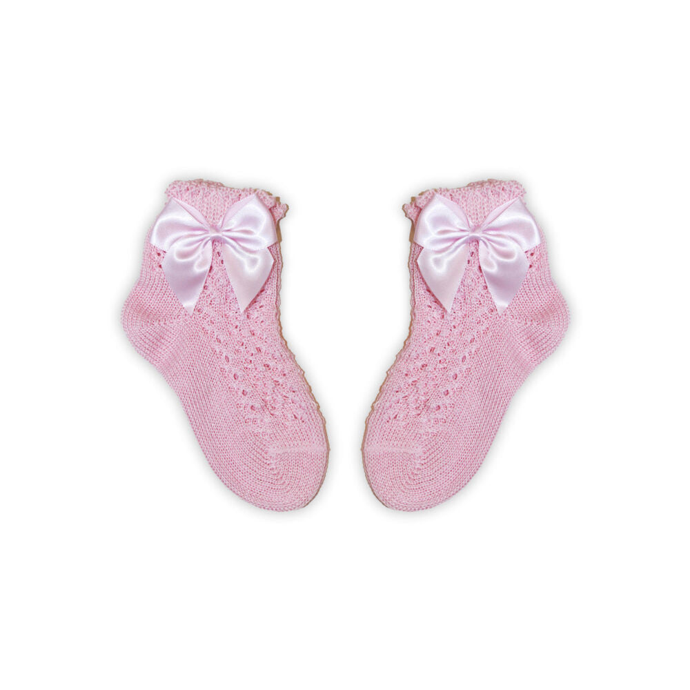 100% pamut kislány baba bokazokni horgolt felsőrésszel - masni díszítéssel - rózsaszín - 20-21-0