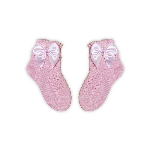 100% pamut kislány baba bokazokni horgolt felsőrésszel - masni díszítéssel - rózsaszín - 20-21-0